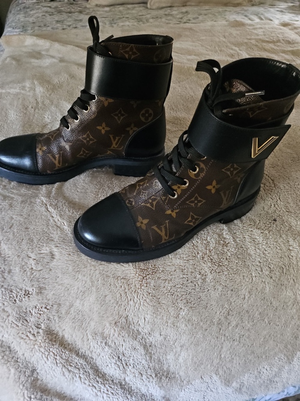 Louis Vuitton Brown Monogram & Black Leather Lace-Up Ankle Boots - Picture 2 of 6